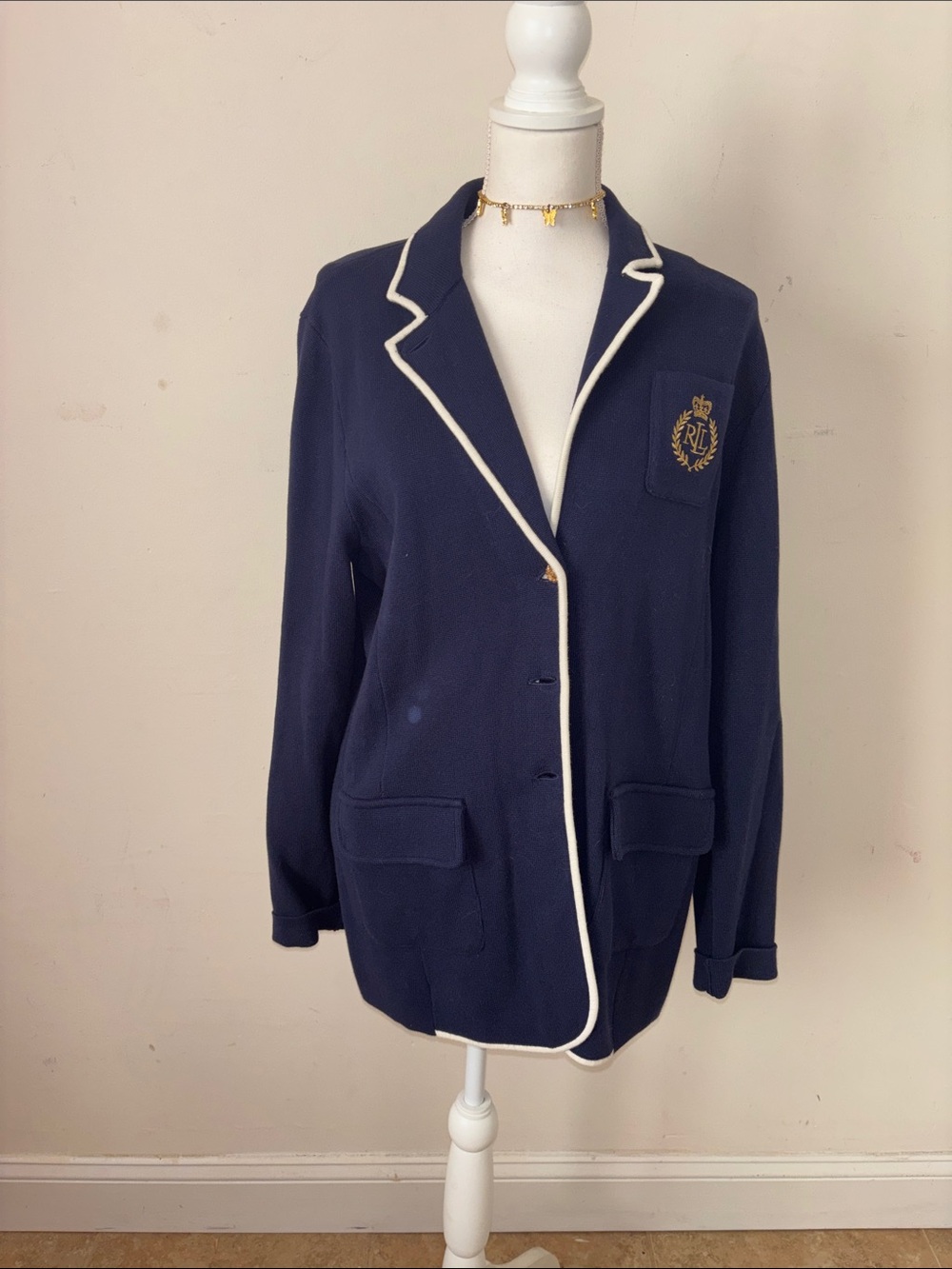Navy Blazer with White Piping and Embroidered Crest
